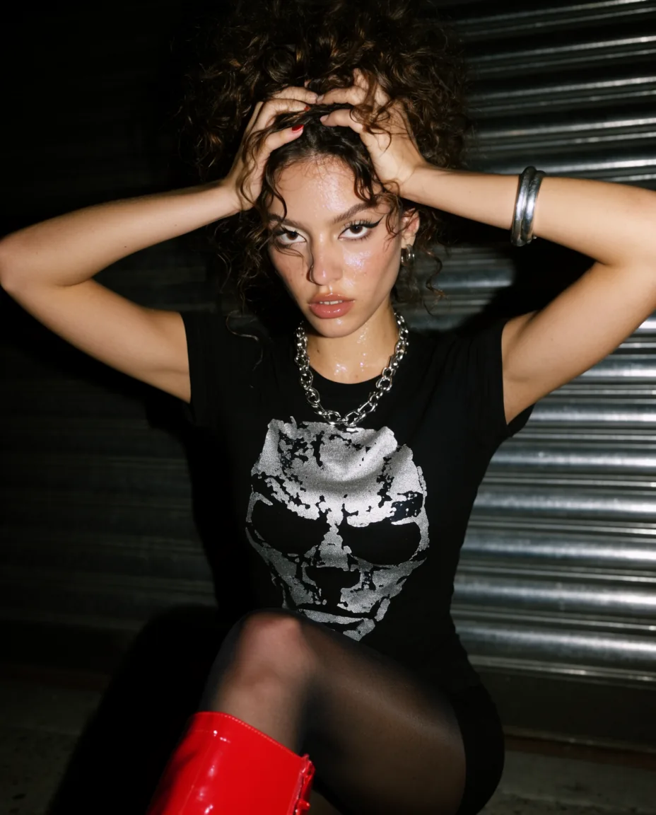 Model with hands in her hair, crouching against a metal shutter